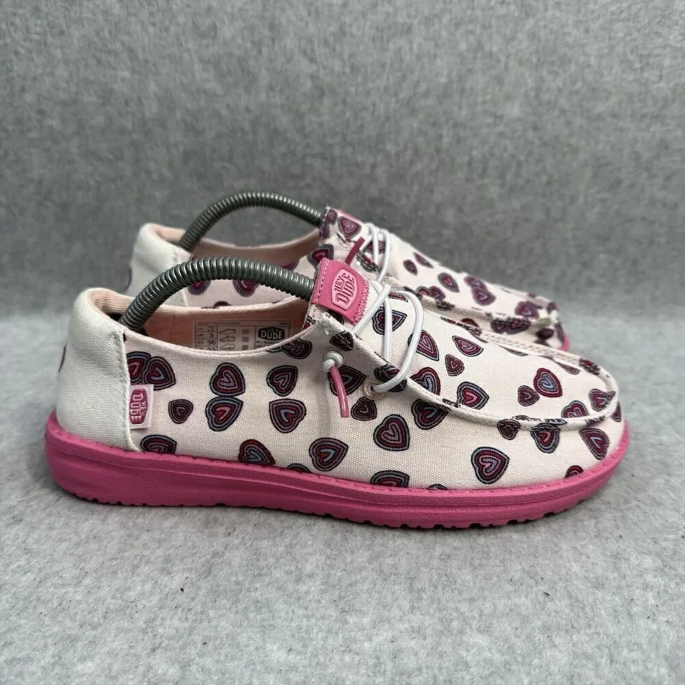 Hey Dude Shoes Youth 4 Wendy White Pink Slip On Heart Print Comfort Shoes New